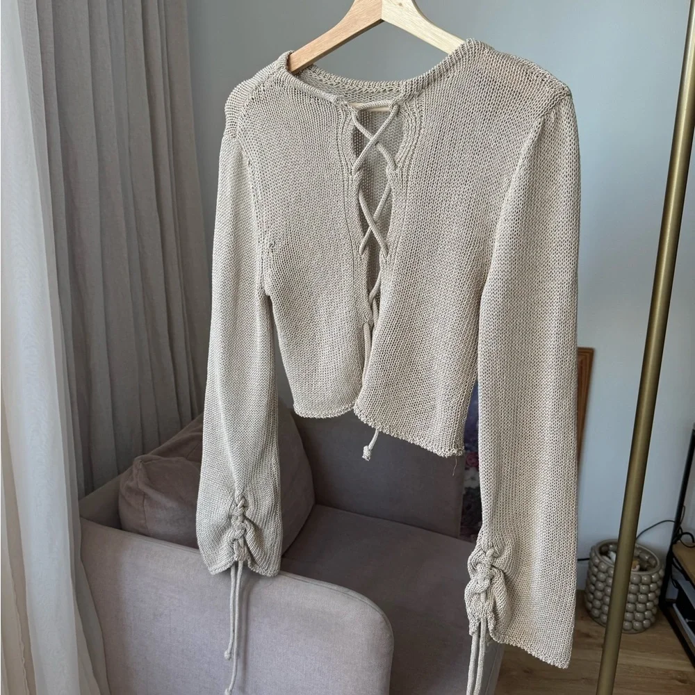 Lace-Up Knit Top, Tan/Sand, Zara, M